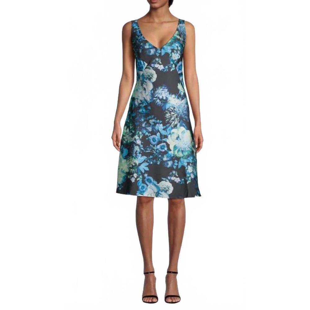 NEW KEVAN HALL floral v-neck slip dress in blue